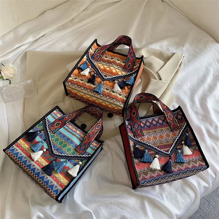 Große gestrickte Stoffhandtasche für Frauen, Teenager und Mädchen, ethnischer Stil mit Quastenverzierung - Blau