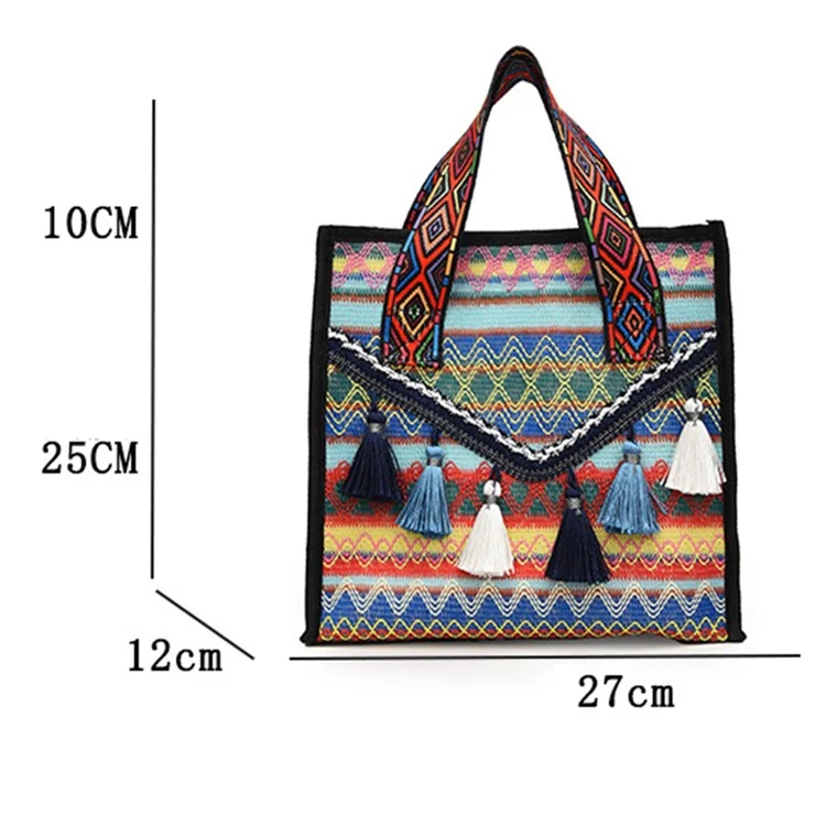 Große gestrickte Stoffhandtasche für Frauen, Teenager und Mädchen, ethnischer Stil mit Quastenverzierung - Blau