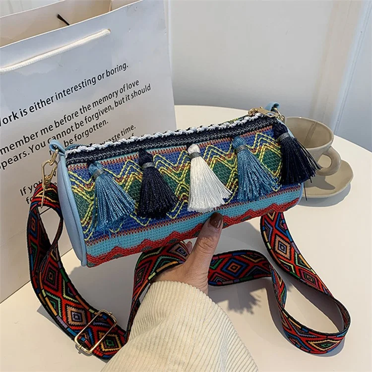Ethnic Style Canvas Crossbody Bag Teen Girls Wallet Carrying Purse Cylinder Shape Shoulder Bag for Women Ladies - Blue