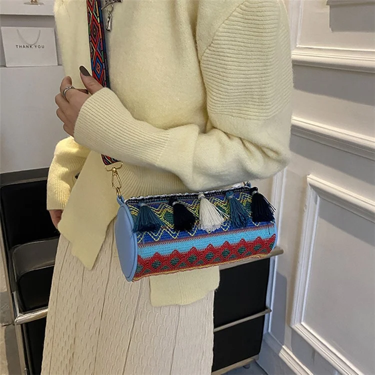 Ethnic Style Canvas Crossbody Bag Teen Girls Wallet Carrying Purse Cylinder Shape Shoulder Bag for Women Ladies - Blue