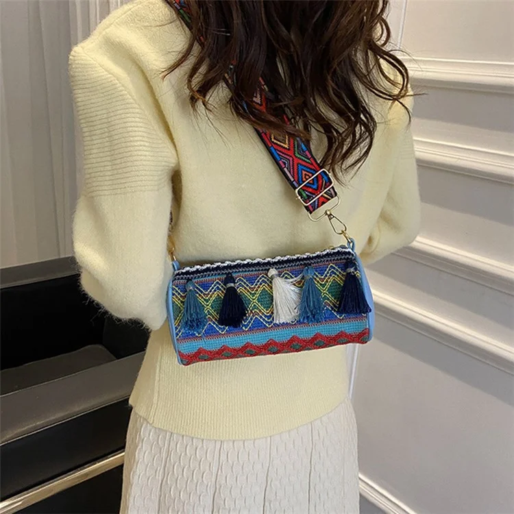 Ethnic Style Canvas Crossbody Bag Teen Girls Wallet Carrying Purse Cylinder Shape Shoulder Bag for Women Ladies - Blue