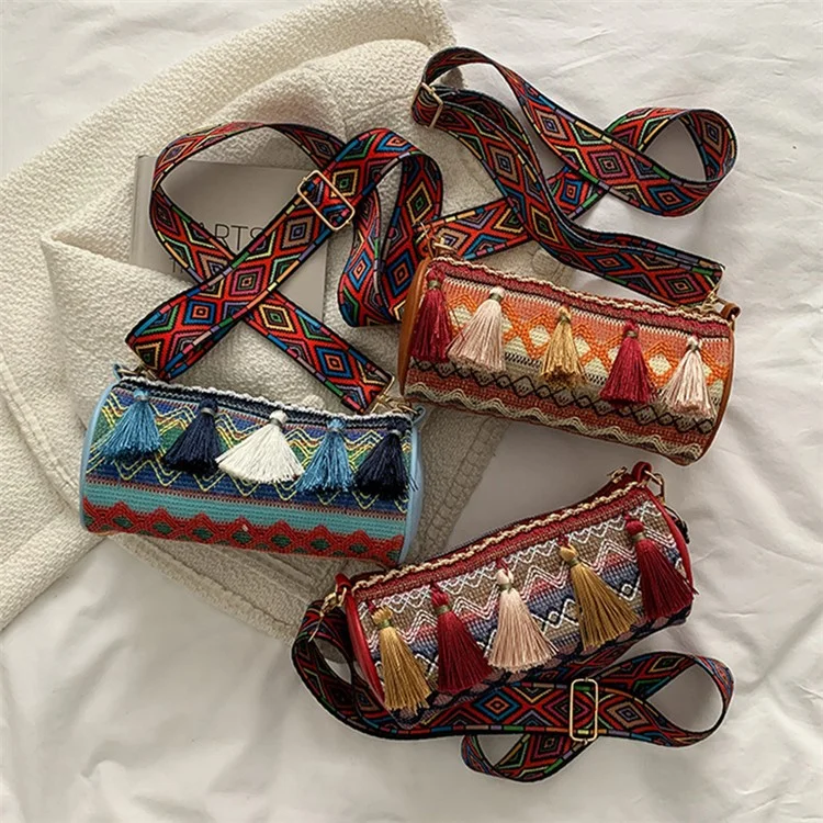 Ethnic Style Canvas Crossbody Bag Teen Girls Wallet Carrying Purse Cylinder Shape Shoulder Bag for Women Ladies - Blue