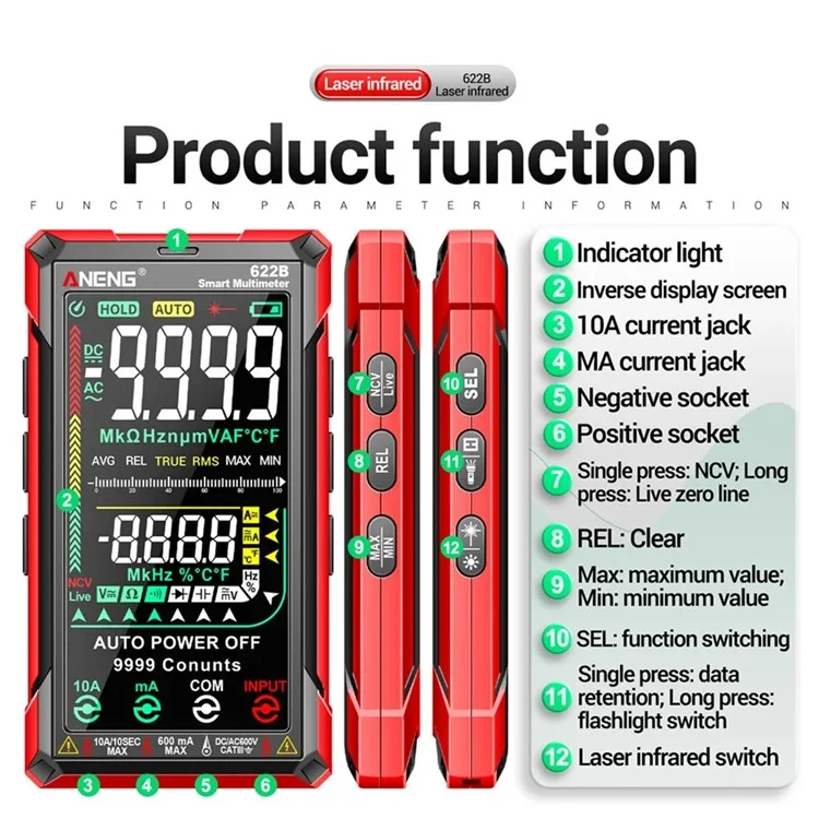 ANENG 622B Touch Screen Multimeter Smart Anti-Burn Digital High Precision Multimeter with LED Light