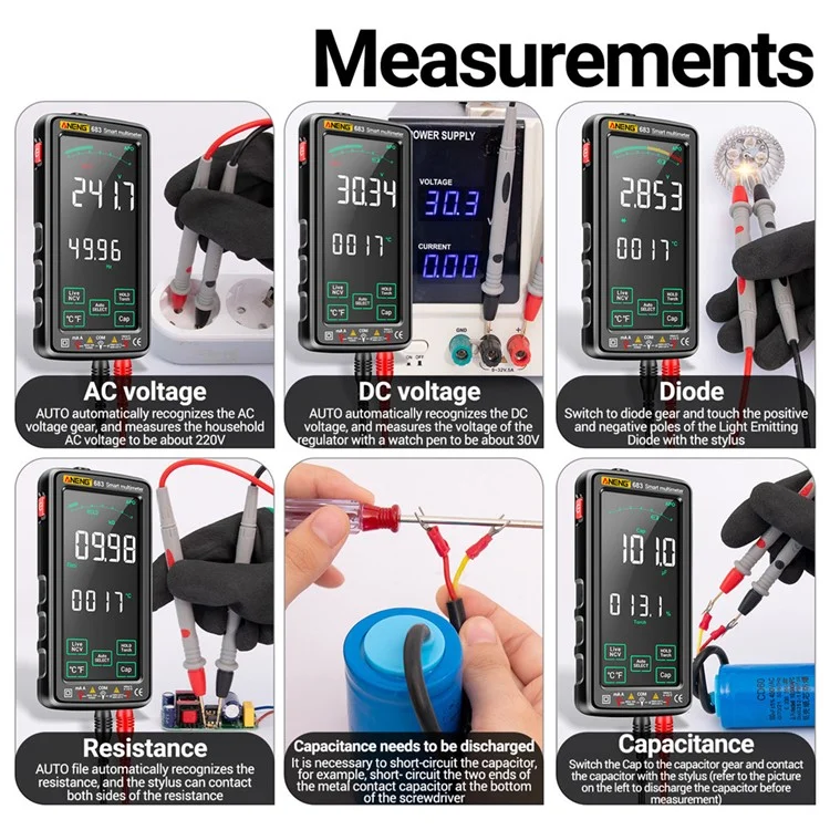 ANENG 683 Multímetro Digital de Pantalla Táctil NCV Inducción de Alta Precisión Inteligente Rango Automático a Prueba de Quemaduras Recargable - Negro