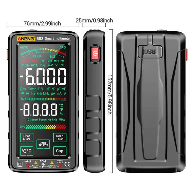 ANENG 683 Multímetro Digital de Pantalla Táctil NCV Inducción de Alta Precisión Inteligente Rango Automático a Prueba de Quemaduras Recargable - Negro