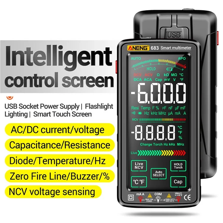 ANENG 683 Multímetro Digital de Pantalla Táctil NCV Inducción de Alta Precisión Inteligente Rango Automático a Prueba de Quemaduras Recargable - Negro