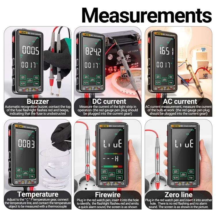 ANENG 683 Multímetro Digital de Pantalla Táctil NCV Inducción de Alta Precisión Inteligente Rango Automático a Prueba de Quemaduras Recargable - Negro