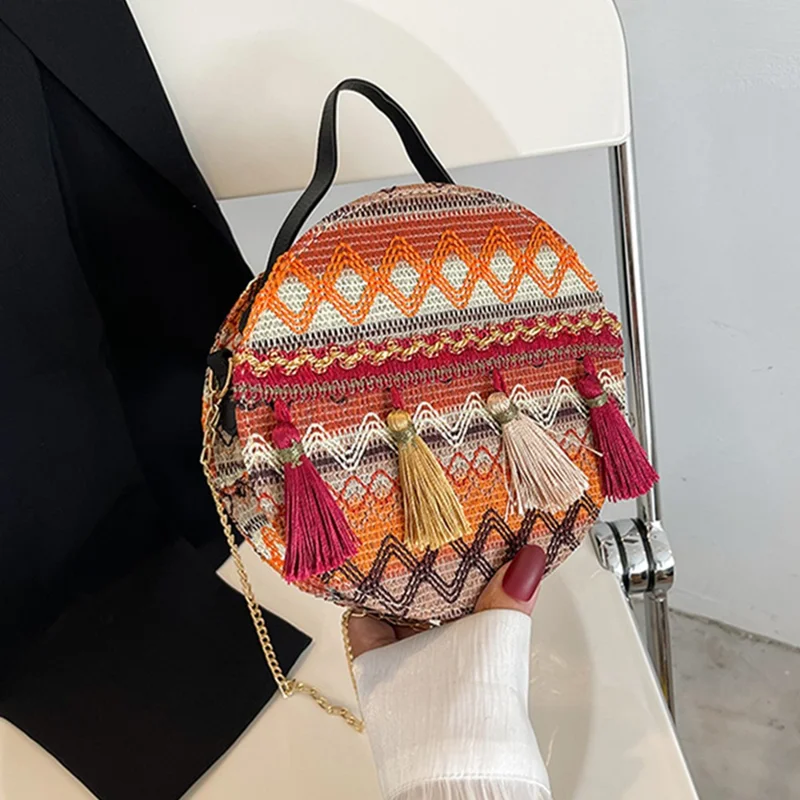 Teen Girl's Ethnic Style Circular Crossbody Purse Phone Storage Purse Canvas Shoulder Bag Tote Handbag for Women - Style B