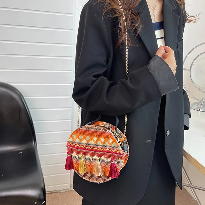 Teen Girl's Ethnic Style Circular Crossbody Purse Phone Storage Purse Canvas Shoulder Bag Tote Handbag for Women - Style B