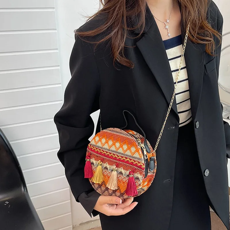 Teen Girl's Ethnic Style Circular Crossbody Purse Phone Storage Purse Canvas Shoulder Bag Tote Handbag for Women - Style B