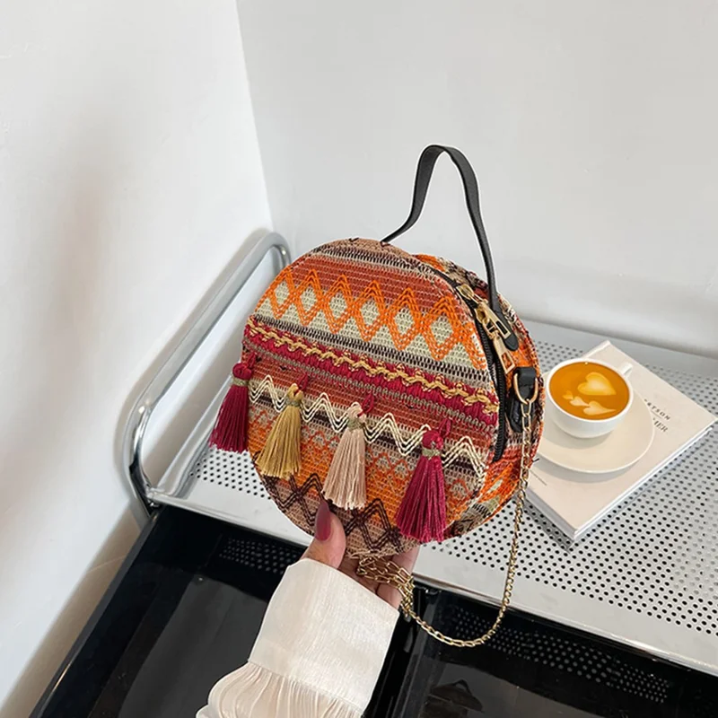 Teen Girl's Ethnic Style Circular Crossbody Purse Phone Storage Purse Canvas Shoulder Bag Tote Handbag for Women - Style B