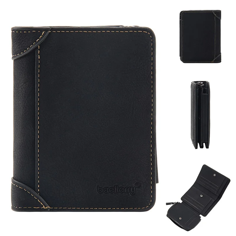 BAELLERRY D9201 Portefeuille Homme Triptyque en Cuir PU Rétro pour Cartes, Pièces et Billets avec Poche Zippée - Noir 