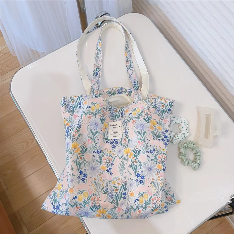 Patroonbedrukte Katoenen+Canvas Tas Grote Capaciteit Schoudertas voor Winkelen Kantoor School - Blauw Groen / Bloem