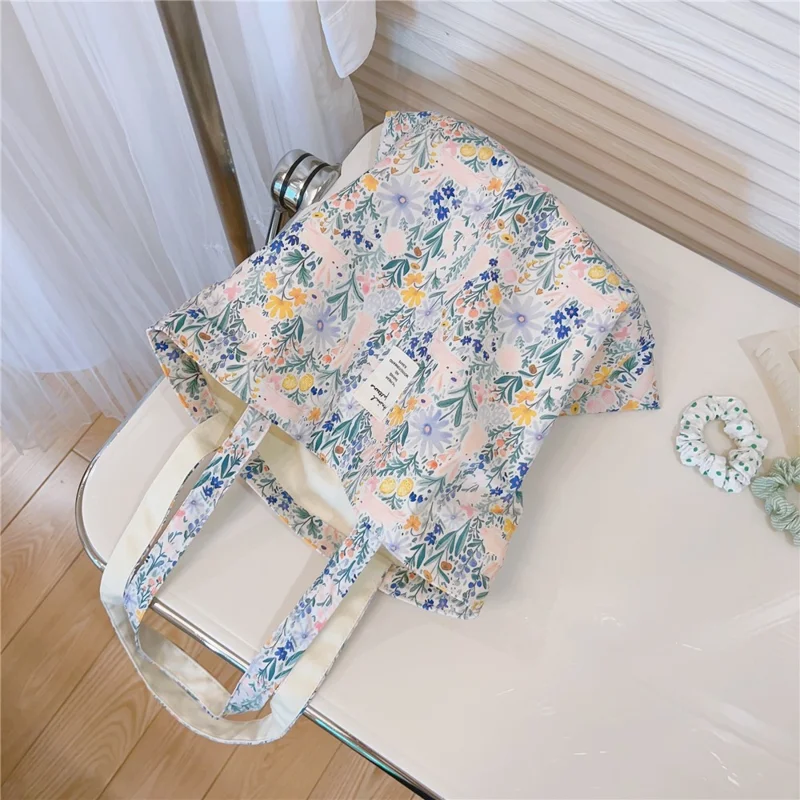 Patroonbedrukte Katoenen+Canvas Tas Grote Capaciteit Schoudertas voor Winkelen Kantoor School - Blauw Groen / Bloem