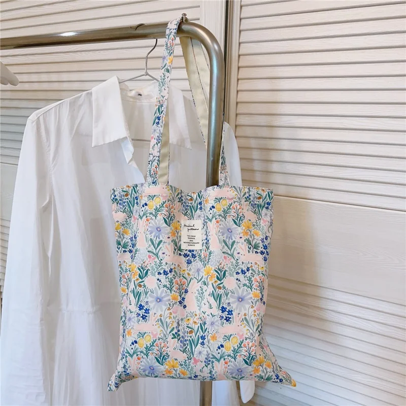 Patroonbedrukte Katoenen+Canvas Tas Grote Capaciteit Schoudertas voor Winkelen Kantoor School - Blauw Groen / Bloem