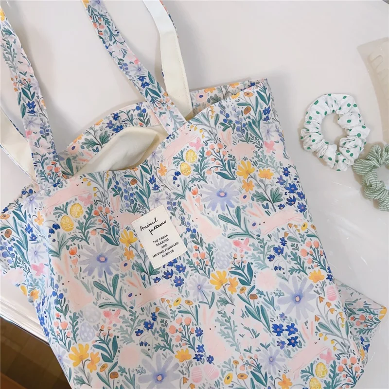 Patroonbedrukte Katoenen+Canvas Tas Grote Capaciteit Schoudertas voor Winkelen Kantoor School - Blauw Groen / Bloem