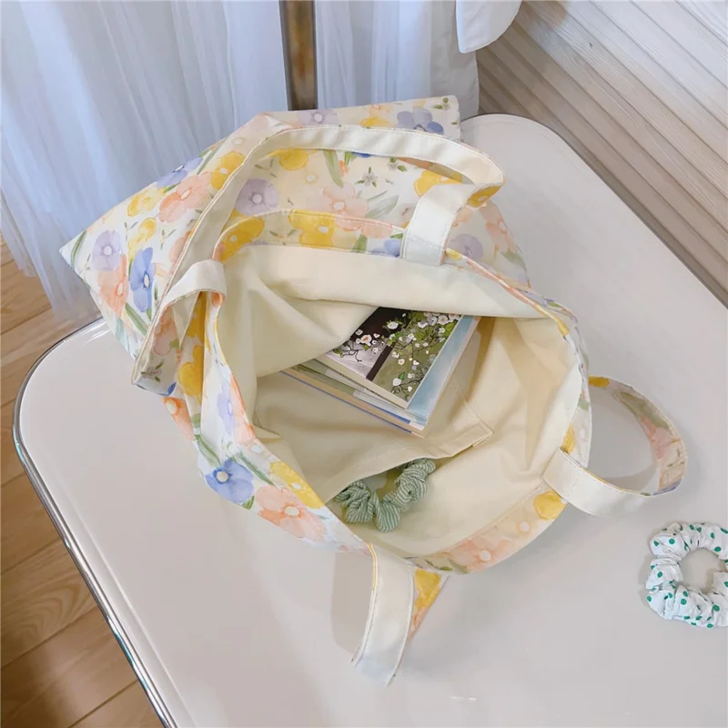 Patroonbedrukte Katoenen+Canvas Tas Grote Capaciteit Schoudertas voor Winkelen Kantoor School - Blauw Groen / Bloem