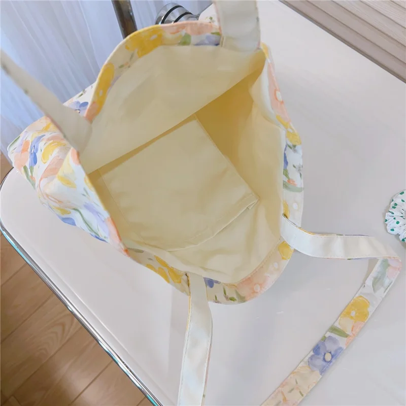 Patroonbedrukte Katoenen+Canvas Tas Grote Capaciteit Schoudertas voor Winkelen Kantoor School - Blauw Groen / Bloem