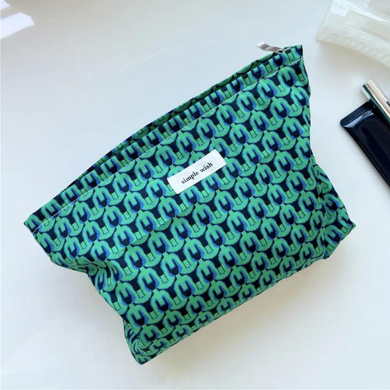 Makeup Bag Pattern Printing Zipper Canvas Bag Pouch for Travel Toiletry Cosmetic - Black / Green Blue Chain