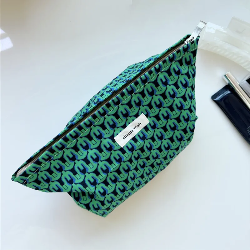 Makeup Bag Pattern Printing Zipper Canvas Bag Pouch for Travel Toiletry Cosmetic - Black / Green Blue Chain