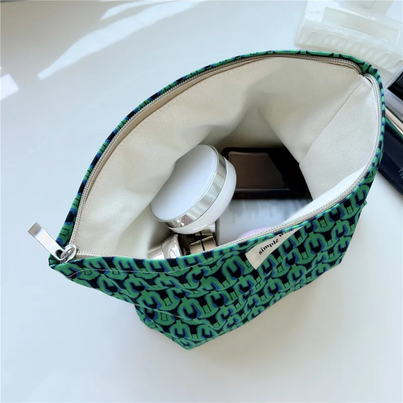 Makeup Bag Pattern Printing Zipper Canvas Bag Pouch for Travel Toiletry Cosmetic - Black / Green Blue Chain
