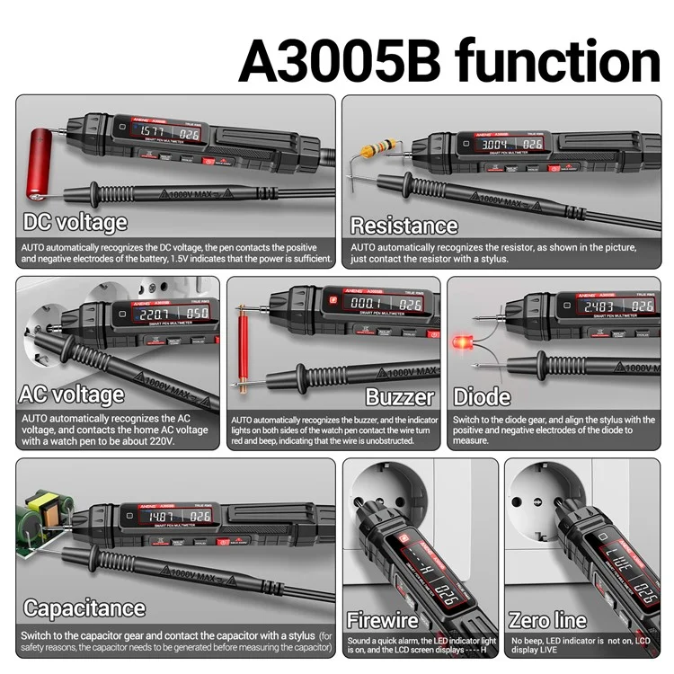 ANENG A3005B Pen Type Digital Multimeter Intelligent Professional Current Meter Phase Sequence Test Tool - Standard Version