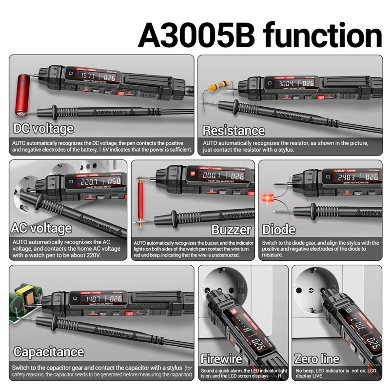 ANENG A3005B Digital Multimeter Penna Tipo Non a Contatto NCV AC / DC Tensione Rilevatore Intelligente Misuratore di Corrente - Versione Aggiornata