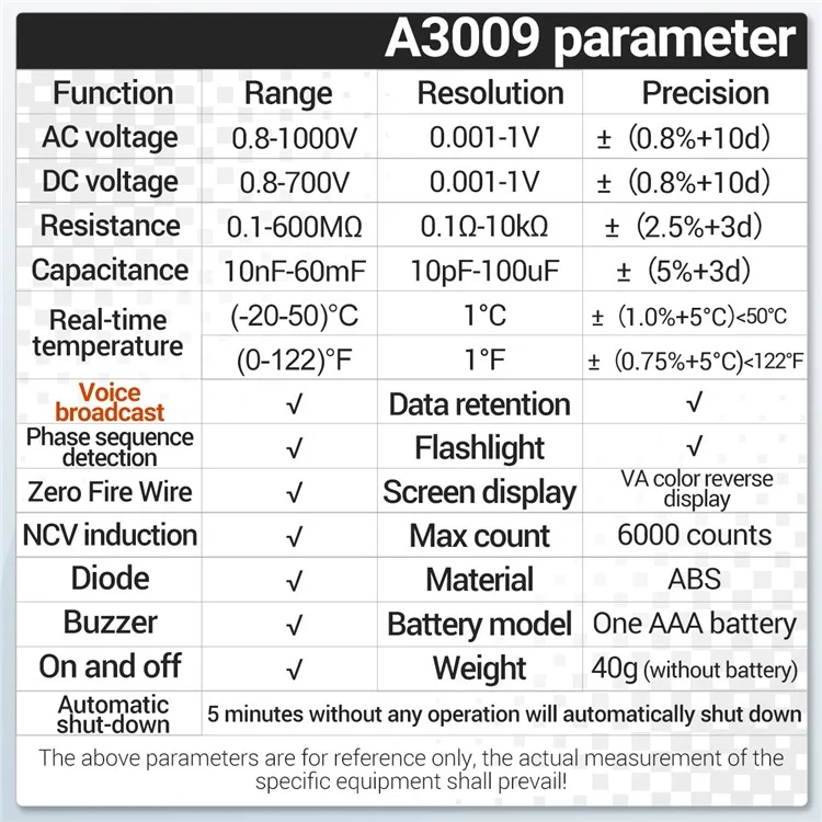 ANENG A3009 Voice Broadcast Multifunction Digital Multimeter Set Portable Handheld Pen Tester