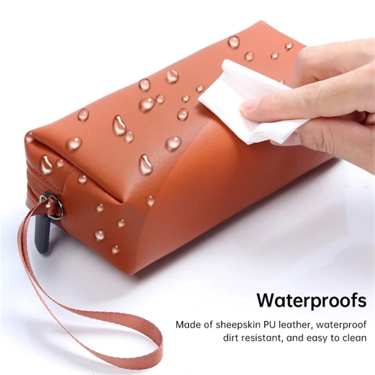 Waterproof PU Leather Storage Bag Digital Accessories Pouch with Wrist Strap for Headset, Power Bank, Cables - Brown