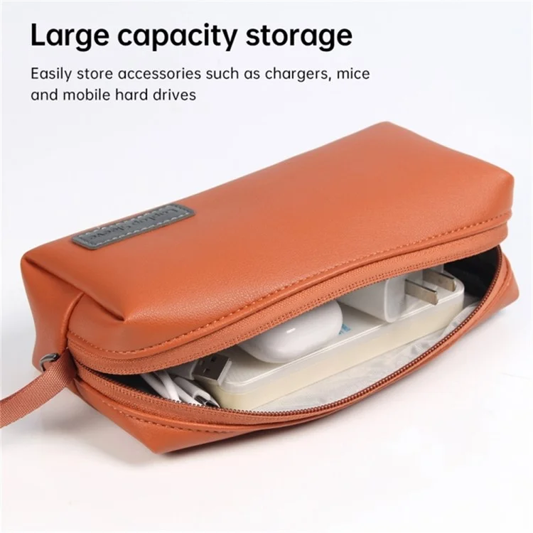 Waterproof PU Leather Storage Bag Digital Accessories Pouch with Wrist Strap for Headset, Power Bank, Cables - Brown