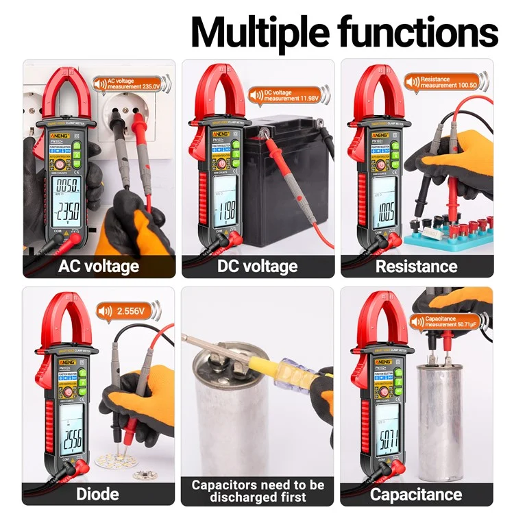 ANENG PN102 AC Cunte e AC / DC Tester Voice Broadcast Reading Digital Clamp Meter Com Lanterna