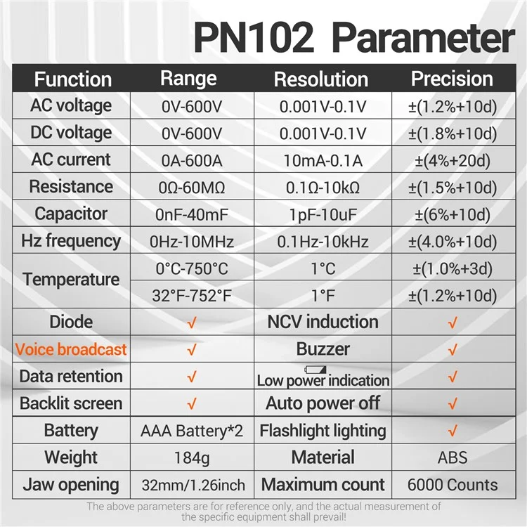 Aneng PN102 AC Current y AC / DC Voltaje Tester Broadcast de Voz Lectura de la Abrazadera Digital Con Linterna