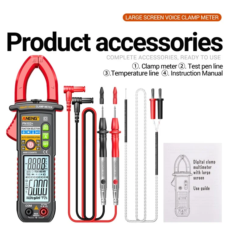 Aneng PN102 AC Ток и Переменный Ток / DC Voltage Tescer Voice Trobcate Reading Digital Clamp Meter с Фонариком