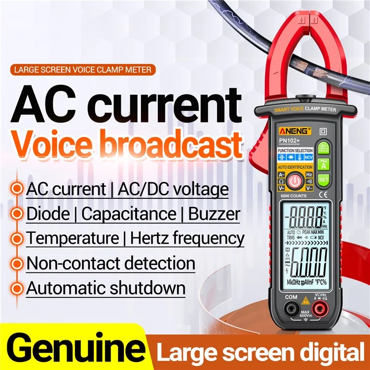 ANENG PN102+ Testador de Corrente CA e Tensão CA/CC com Transmissão de Voz, Medidor Digital de Garra com Lanterna