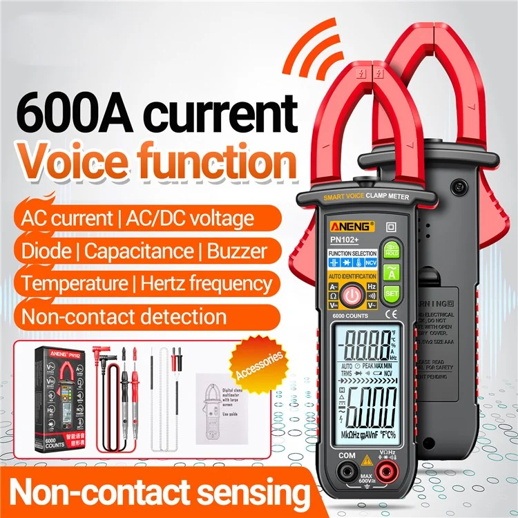 ANENG PN102 AC Cunte e AC / DC Tester Voice Broadcast Reading Digital Clamp Meter Com Lanterna