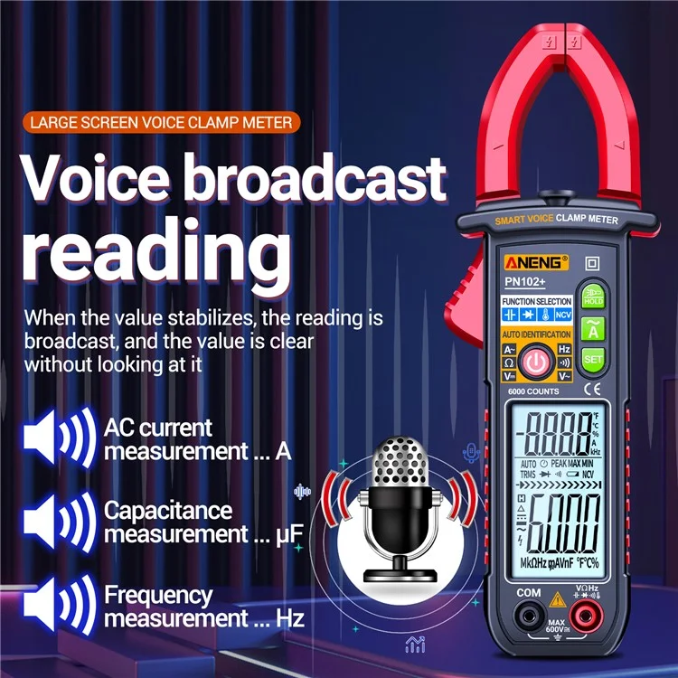 ANENG PN102+ Testador de Corrente CA e Tensão CA/CC com Transmissão de Voz, Medidor Digital de Garra com Lanterna