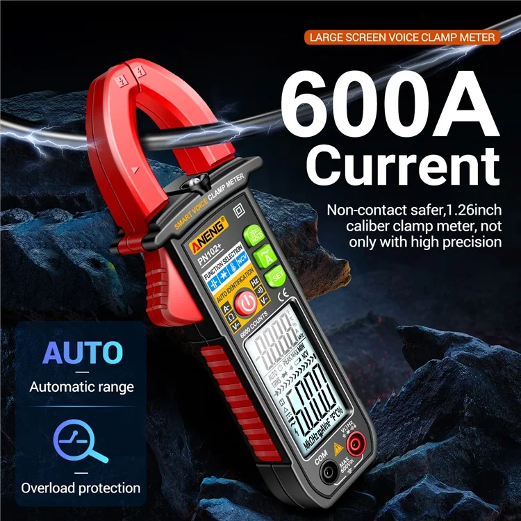 ANENG PN102+ Testador de Corrente CA e Tensão CA/CC com Transmissão de Voz, Medidor Digital de Garra com Lanterna