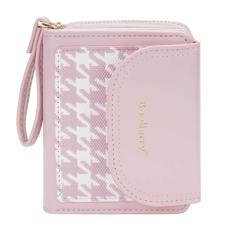 BAELLERRY N1896 PU Leather Short Wallet Houndstooth Pattern Women's Zipper Coin Purse Card Holder - Pink