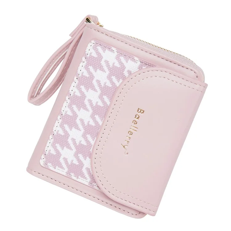 BAELLERRY N1896 PU Leather Short Wallet Houndstooth Pattern Women's Zipper Coin Purse Card Holder - Pink