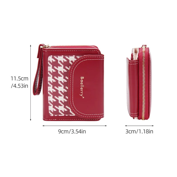 BAELLERRY N1896 PU Leather Short Wallet Houndstooth Pattern Women's Zipper Coin Purse Card Holder - Pink
