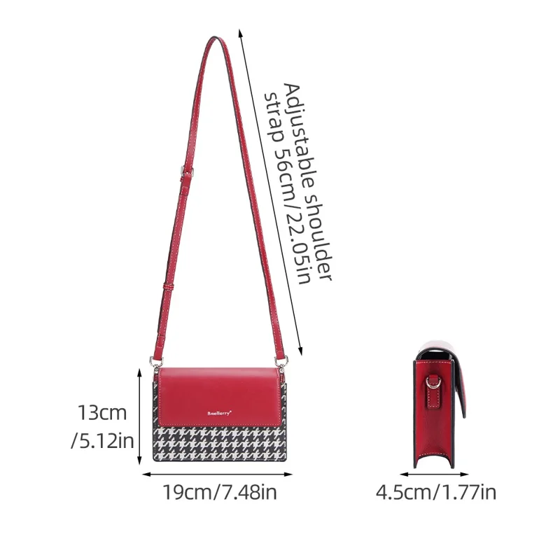 BAELLERRY N8703 Women PU Leather Bag Houndstooth Pattern Small Square Bag Crossbody Shoulder Bag - Red