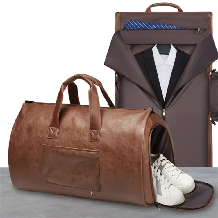 Bolsa de Almacenamiento de Traje de Cuero de PU para Hombres de Gran Capacidad, Impermeable, Bolso de Viaje Bandolera - Marrón