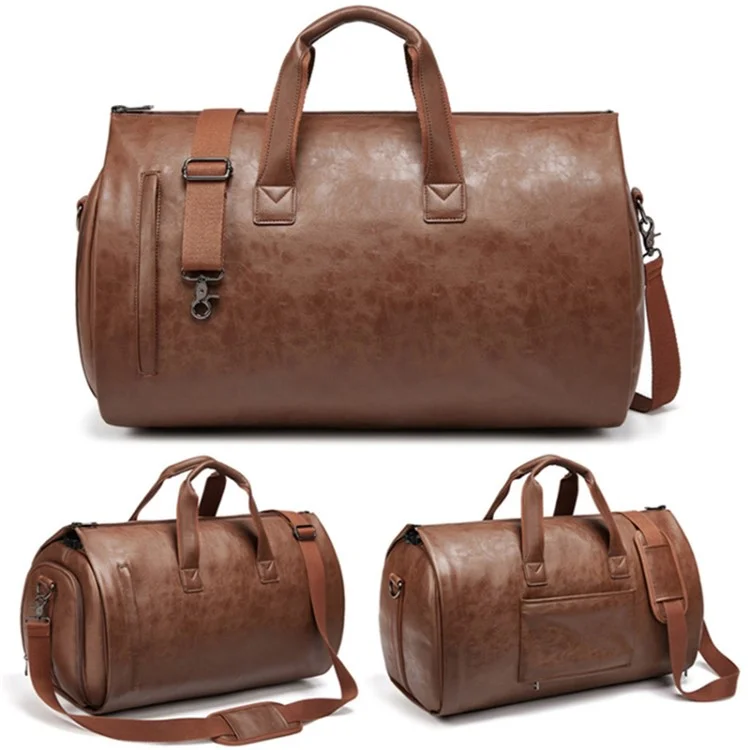 Bolsa de Almacenamiento de Traje de Cuero de PU para Hombres de Gran Capacidad, Impermeable, Bolso de Viaje Bandolera - Marrón