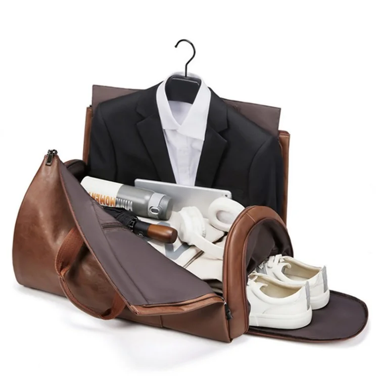 Bolsa de Almacenamiento de Traje de Cuero de PU para Hombres de Gran Capacidad, Impermeable, Bolso de Viaje Bandolera - Marrón