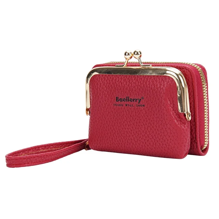 BAELLERRY N8630 Textura Litchi Cuero de PU Monedero de Mujer Cremallera Organ Card Bag - Rojo