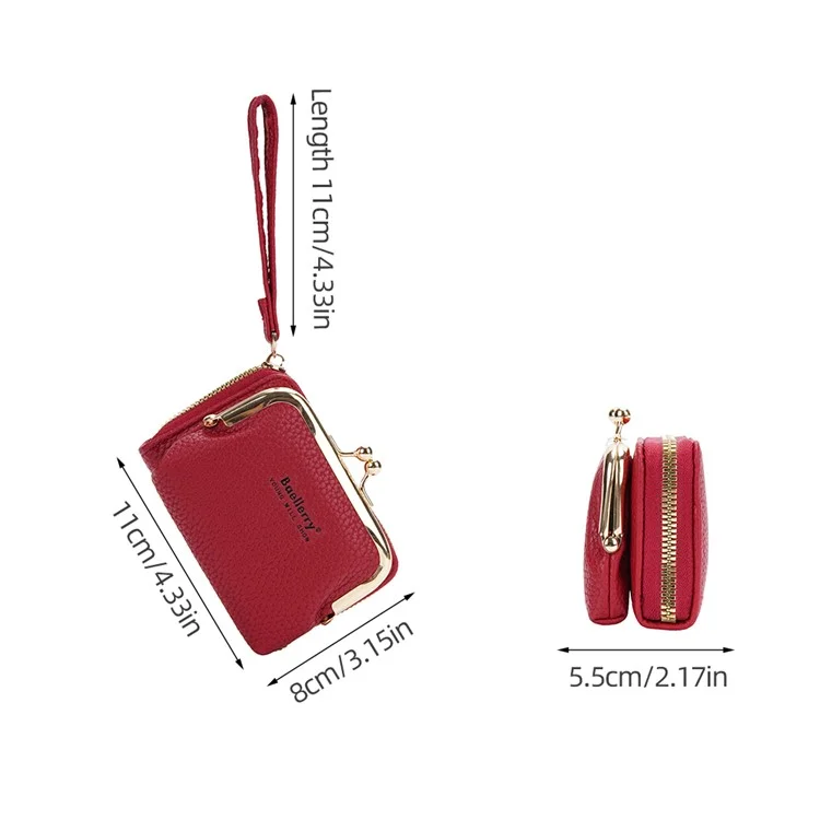 BAELLERRY N8630 Textura Litchi Cuero de PU Monedero de Mujer Cremallera Organ Card Bag - Rojo