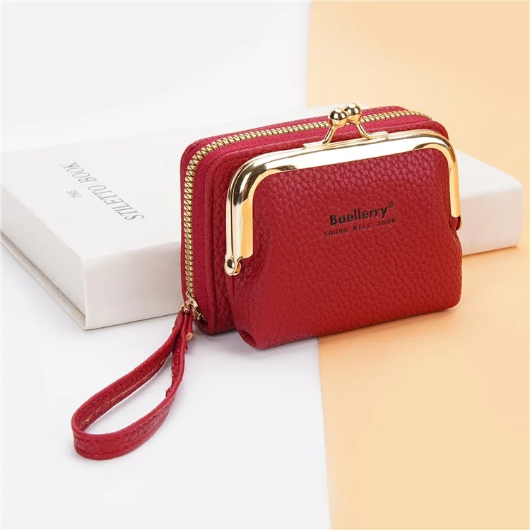 BAELLERRY N8630 Textura Litchi Cuero de PU Monedero de Mujer Cremallera Organ Card Bag - Rojo