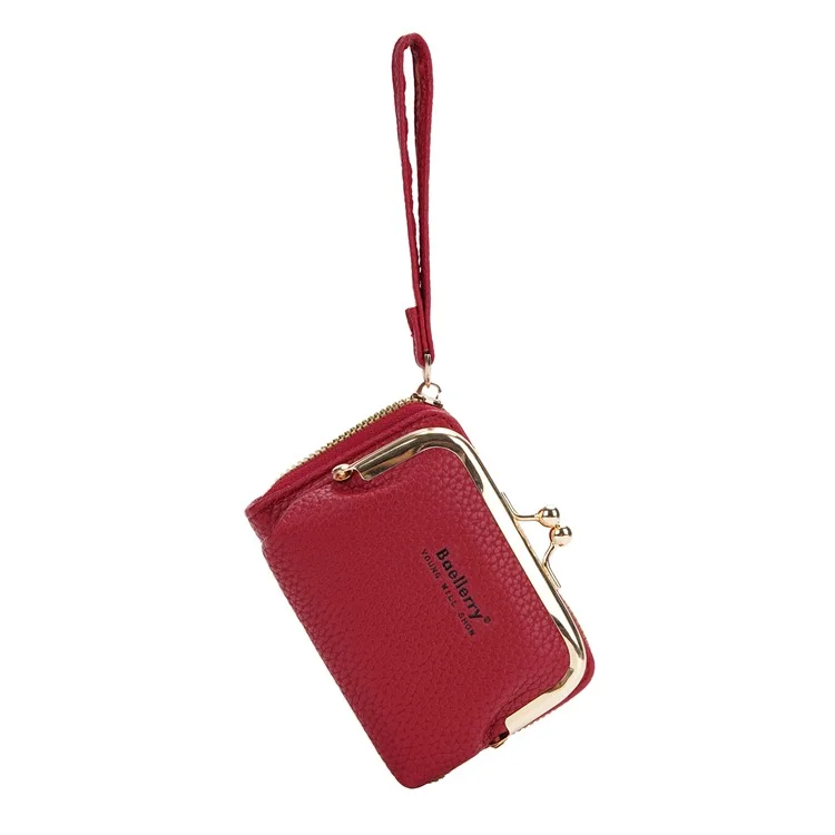 BAELLERRY N8630 Textura Litchi Cuero de PU Monedero de Mujer Cremallera Organ Card Bag - Rojo