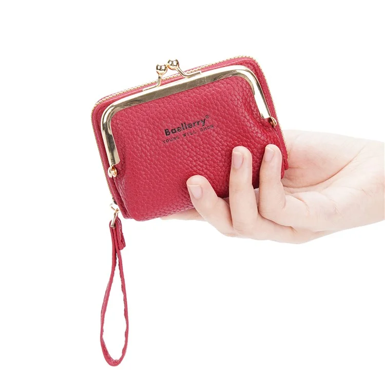 BAELLERRY N8630 Textura Litchi Cuero de PU Monedero de Mujer Cremallera Organ Card Bag - Rojo