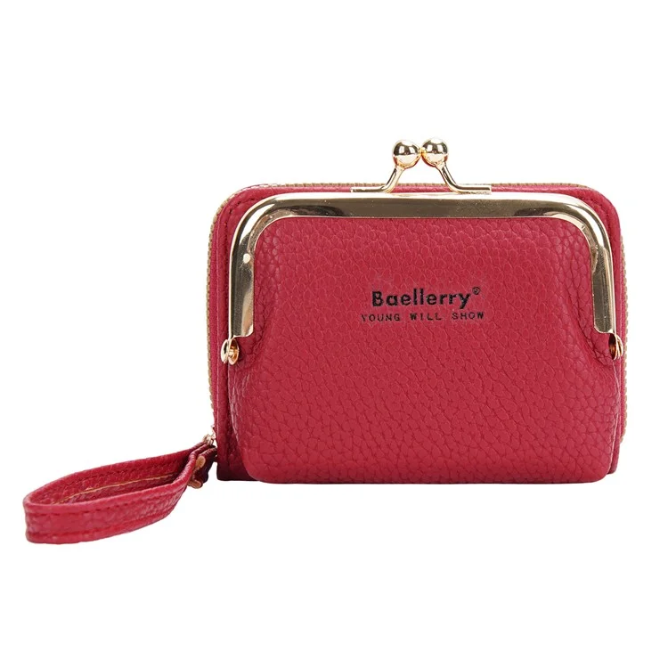 BAELLERRY N8630 Textura Litchi Cuero de PU Monedero de Mujer Cremallera Organ Card Bag - Rojo